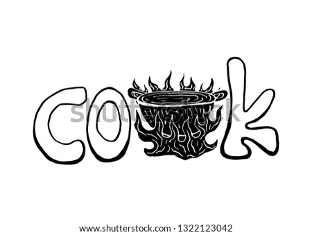 cook with wok in the fire in silhouette style white letter - vector 