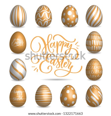 Set of beige Easter eggs collection on a white background. Modern calligraphy, hand lettering and hand drawn pattern on eggs.