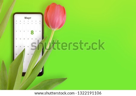The international happy women's day on 8 March with a smartphone. Calendar in smartphone. Copy space. Tulip and smartphone on UFO green background.