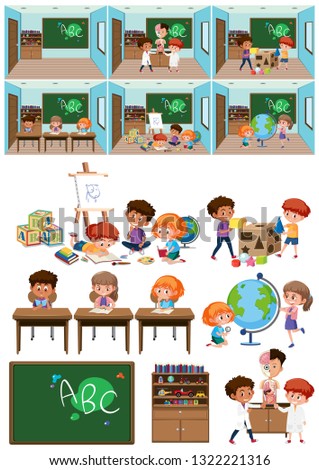 Set of kids in classroom illustration