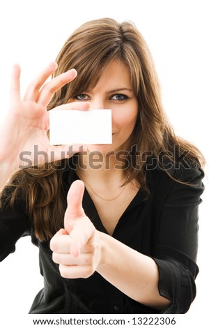 Portrait of a beautiful businesswoman holding a white card. Isolated
