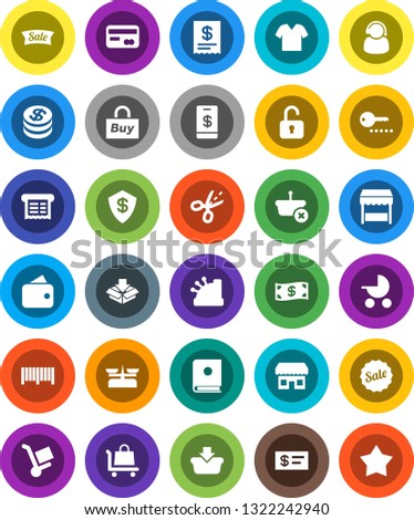 White Solid Icon Set- credit card vector, dollar coin, wallet, cash, sale, market, store, support, buy, barcode, cashbox, receipt, basket, trolley, catalog, unlock, check, tap pay, coupon, clothes