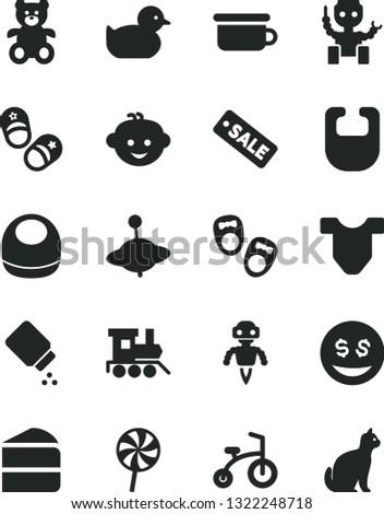 Solid Black Vector Icon Set - baby powder vector, bib, Child T shirt, duckling, children's potty, teddy bear, hairdo, toy train, yule, bicycle, shoes for little children, piece of cake, lollipop