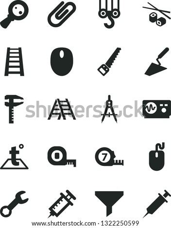 Solid Black Vector Icon Set - winch hook vector, trowel, arm saw, measuring tape, long meashuring, stepladder, ladder, temperature, clip, Chinese chopsticks, compasses, calipers, magnifying glass