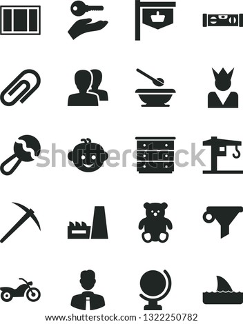 Solid Black Vector Icon Set - clip vector, women, chest of drawers, beanbag, plates and spoons, small teddy bear, children's hairdo, crane, window frame, building level, employee, globe, mine axe