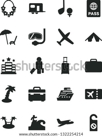 Solid Black Vector Icon Set - suitcase vector, passport, plane, camper, passenger, rolling, ticket, tent, arnchair under umbrella, palm tree, hawaii wreath, diving mask, surfing, hotel, golf, hammok
