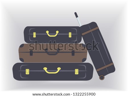 Travel stylish suitcases,boxes in brown and navy colours,are ready for vacation to the seaside or country or for business trip.Isolated on light grey background. Raster illustration