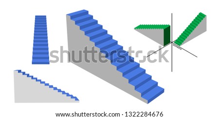 Stairway set. Isolated on white background. 3d Vector illustration. Different viewes.
