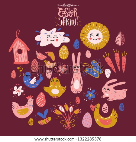 Wonderful handwritten Spring & Easter symbols for amazing greeting cards. Card overlay design.Hand drawn clip art elements for your designs:t-shirts,bags,posters, invitations, cards, etc.