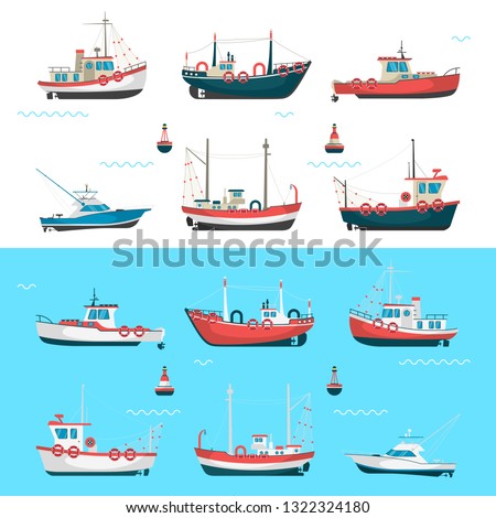 Fishing boats set. Fishing boats with side view and blue sea background with buoys.