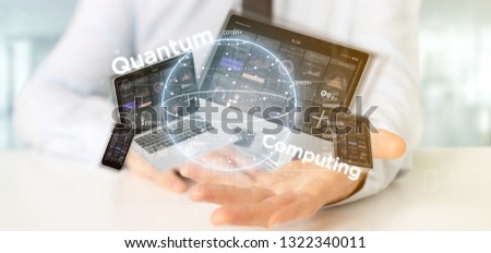 View of Businessman holding Quantum computing concept with qubit and devices 3d rendering