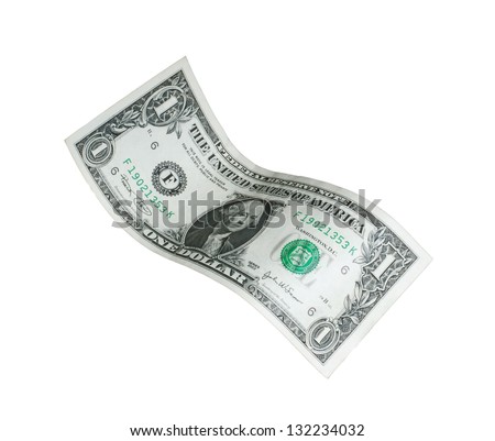 One dollar bill isolated falling on white background. Royalty-Free Stock Photo #132234032