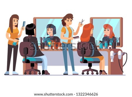 People in barber shop. Hairdresser making female fashion haircut to women clients. Inside hairdressing salon vector concept Royalty-Free Stock Photo #1322346626