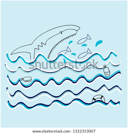 sea shark fish blue child tee illustration art vector 