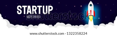 Rocket Launch, horizontal web banner design template, landing page, startup project poster, vector illustration