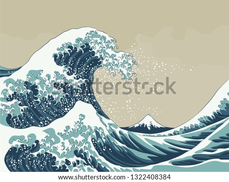 Great Wave off Kanagawa with Mount Fuji 19th century Japanese style woodblock print adaptation vector illustration. 