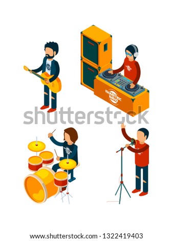 Music entertainment isometric. Singer rock musician crowd drummer violinist guitar drum musical keyboard synthesizer