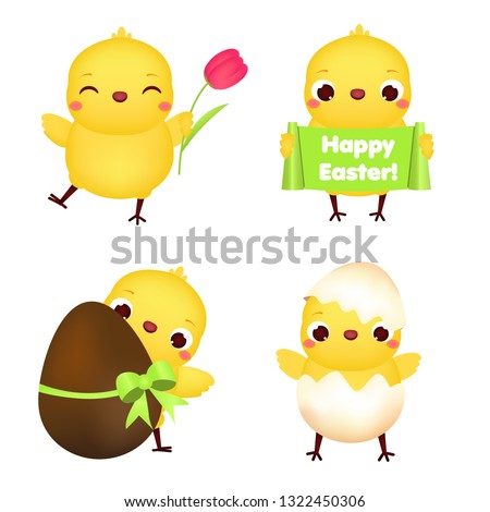 Easter chickens collection. Cute cartoon chiks with flowers, eggs and other traditional symbols for Easter celebration