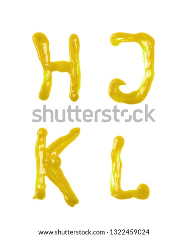 Set of few letters, H, J, K, L, made of cooking sauce, composition isolated over the white background