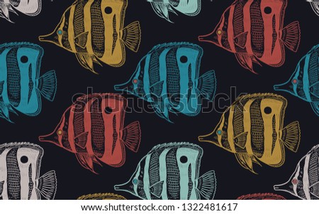 Seamless vector pattern with  decorative fish under water. Sea bottom and animals. Vintage engraving art. Hand drawing sketch. Kitchen design seafood for paper, fabrics, wallpaper. Black background