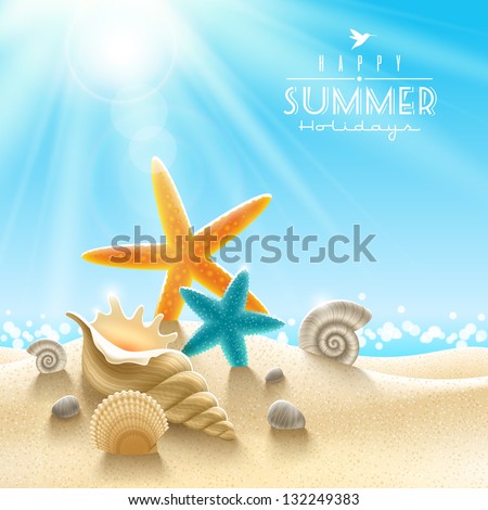Summer holidays illustration - sea inhabitants on a beach sand against a sunny seascape Royalty-Free Stock Photo #132249383