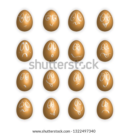 Set of beige Funny Easter eggs collection on a white background. Faces on the eggs.Emotional eggs collection: calm, joyful, cheerless, depressed, blush, wink.