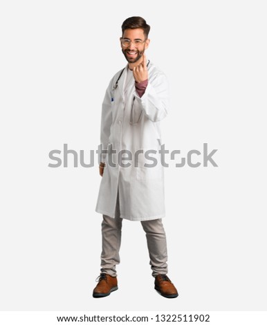 Young doctor man inviting to come