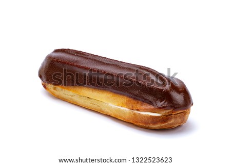 Traditional french dessert. Isolated eclair with custard and chocolate icing on white background. Pastry products for sweet tooth  Royalty-Free Stock Photo #1322523623