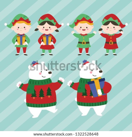 Set of 6 cute christmas elf and polar bear in flat vector style illustration