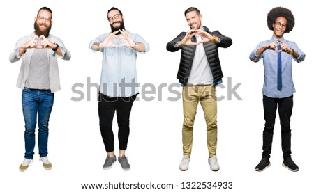 Collage of group of young men over white isolated background smiling in love showing heart symbol and shape with hands. Romantic concept.