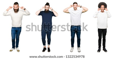 Collage of group of young men over white isolated background Smiling pulling ears with fingers, funny gesture. Audition problem
