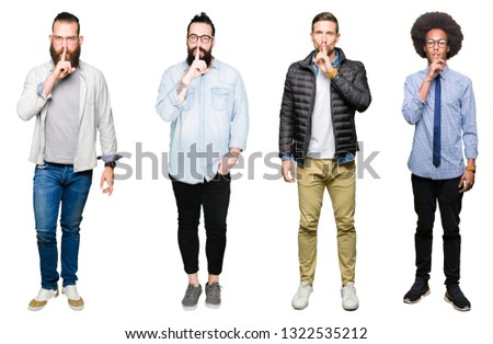 Collage of group of young men over white isolated background asking to be quiet with finger on lips. Silence and secret concept.