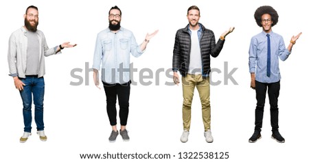 Collage of group of young men over white isolated background smiling cheerful presenting and pointing with palm of hand looking at the camera.