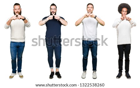 Collage of group of young men over white isolated background Rejection expression crossing fingers doing negative sign