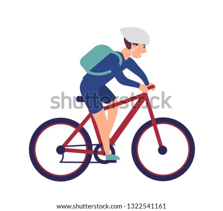 Cheerful boy in helmet riding bike. Smiling sportsman on bicycle isolated on white background. Happy male bicyclist taking part in sports race. Colorful vector illustration in flat cartoon style.