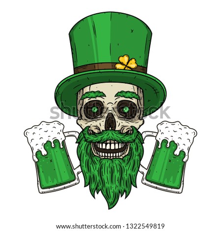 Saint Patrick's skull with green hat and glass beer. Skull. Irish skull. 