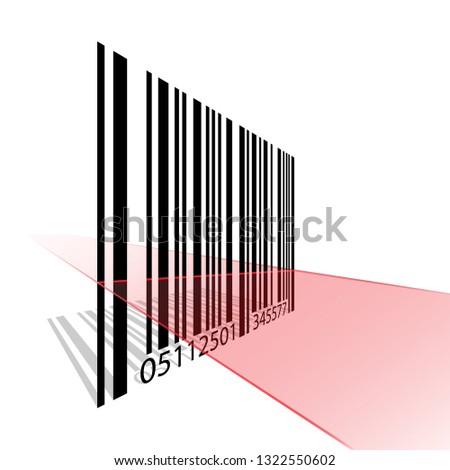 The prospect of a Bar code arranged vertically. The red beam of the scanner passes through the barcode.