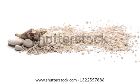 Sand with pebbles, rocks and seashells isolated on white background
