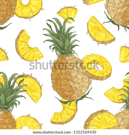 Decorative seamless pattern with whole and cut delicious juicy pineapples on white background. Backdrop with tasty tropical fruit. Elegant vector illustration in antique style for textile print.