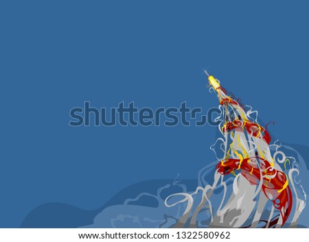 Rocket ship in a flat style. Space rocket launch with trendy flat style smoke clouds. Project start up and development process.Innovation product, creative idea. Management. Vector illustration. Flat 