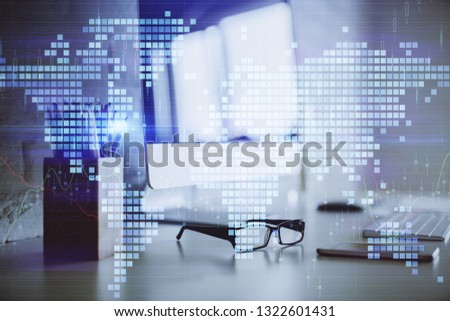 Double exposure of World map polygonal with work space background. Globalization concept.