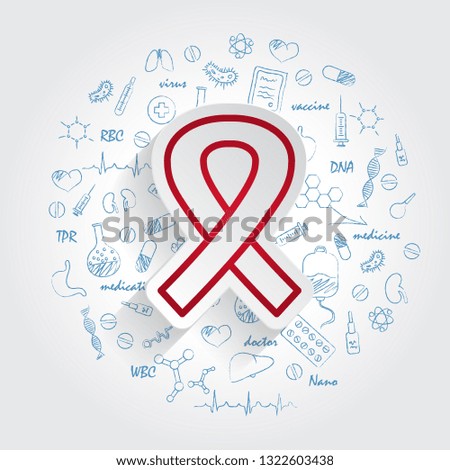 Awareness Ribbon icon and handdrawn healthcare doodles background. Vector
