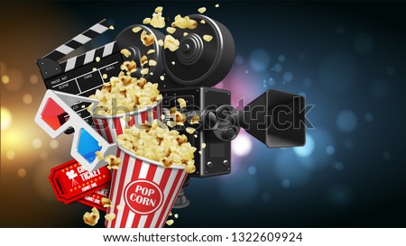 Illustration for the film industry. Popcorn, camera, glasses,  tickets and clapperboard on a background with highlights. Highly detailed illustration. 3D vector. High detailed realistic illustration