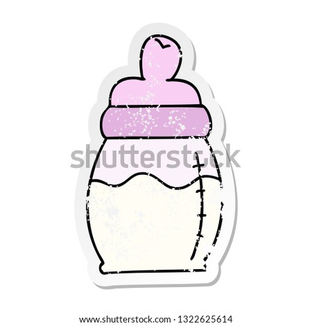 distressed sticker of a quirky hand drawn cartoon baby milk bottle