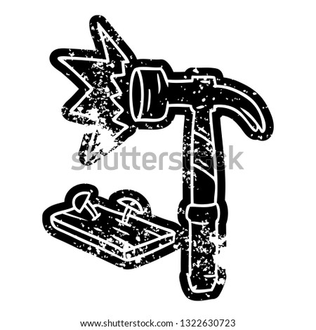 grunge distressed icon of a hammer and nails