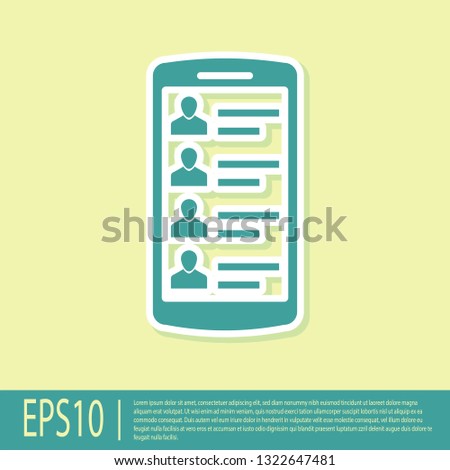Green Smartphone with contacts on screen icon isolated on yellow background. Incoming call. People on phone screen. Call contact. Flat design. Vector Illustration