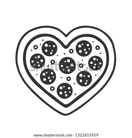 Heart shaped pepperoni pizza drawing. Funny pizza lovers doodle sketch, isolated vector illustration.