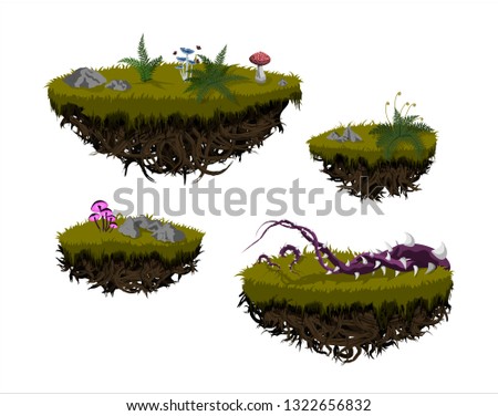 Fantastic flying islands. Isolated image of fantasy landscape. Magic rocks in sky. Fictional pieces of ground in cartoon style. Game asset. GUI element. Fairy world. Vector illustration