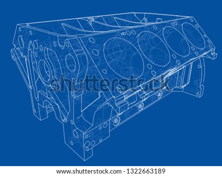 Engine block sketch. Vector rendering of 3d. Wire-frame style. The layers of visible and invisible lines are separated