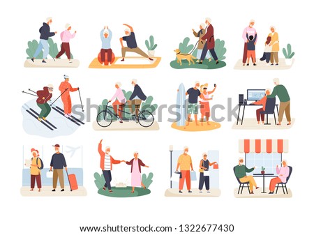 Bundle of cute funny active elderly couples isolated on white background. Collection of recreational and healthy sports activities for grandmother and grandfather. Flat cartoon vector illustration. Royalty-Free Stock Photo #1322677430